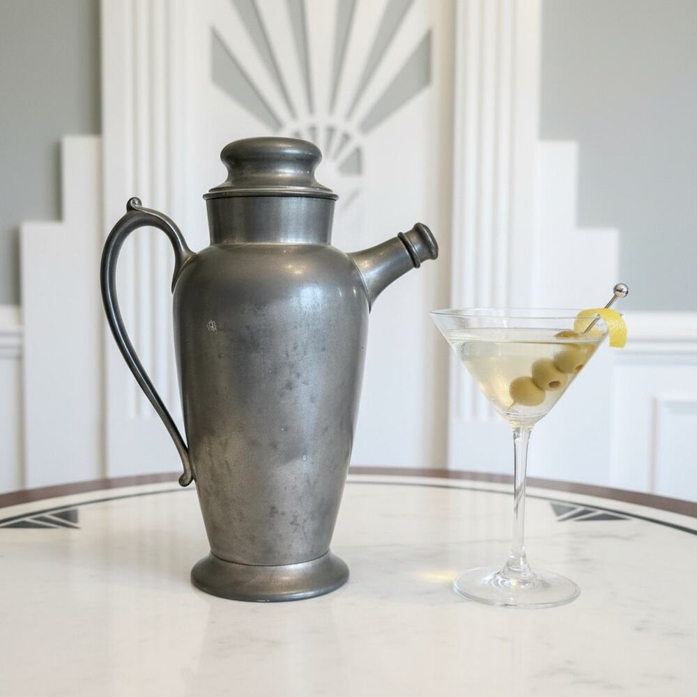 Antique Crescent Pewter Cocktail Shaker-Art Deco Barware-c1920s-England-Vintage